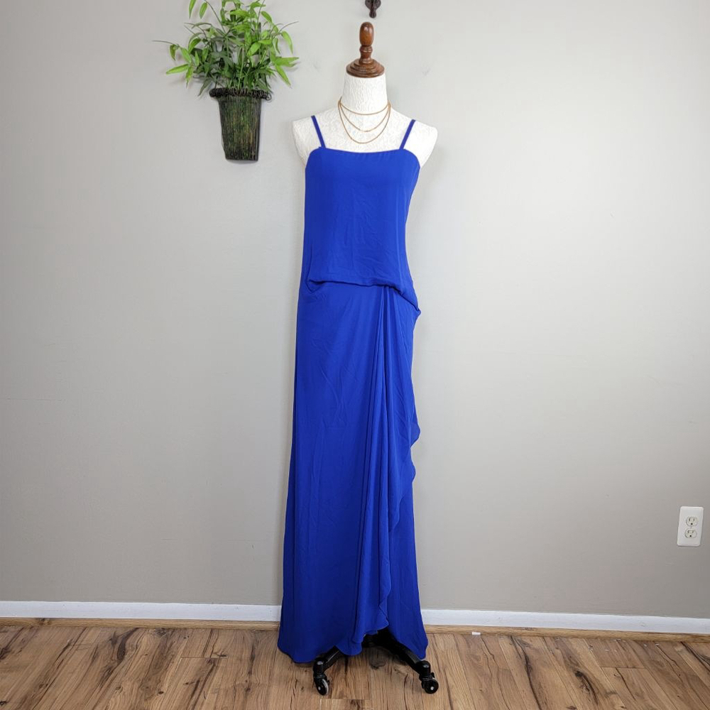 BCBGMaxAzria Grace Strapless Dress Draped Flowy Maxi Blouson Royal Blue Gown 2